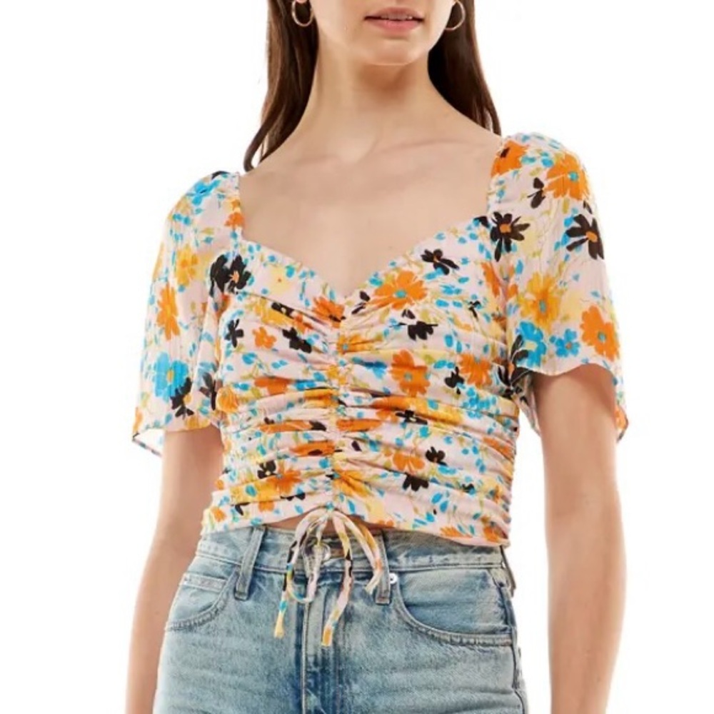 WAYF Secrets Kept Ruched Crop Top Pink Floral S